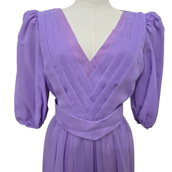 Dessy Creations Vintage 70s Purple Sheer Chiffon Pleated Puff Sleeve Gown 10 - Picture 2 of 12